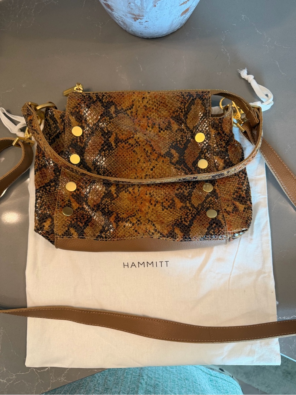 Hammitt Medium Bryant Brown Snake-Print Leather Crossbody with Gold Studs